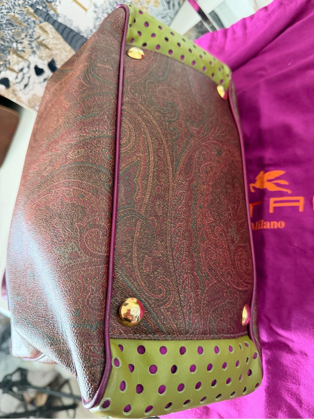 ETRO Paisley Leather Tote Bag Made in Italy Pink Green Dust Bag - Picture 3 of 11